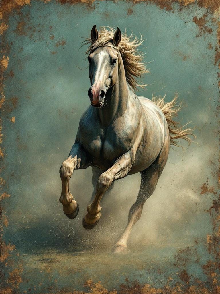 Horse Running Free: Aged Copper Patina Photography