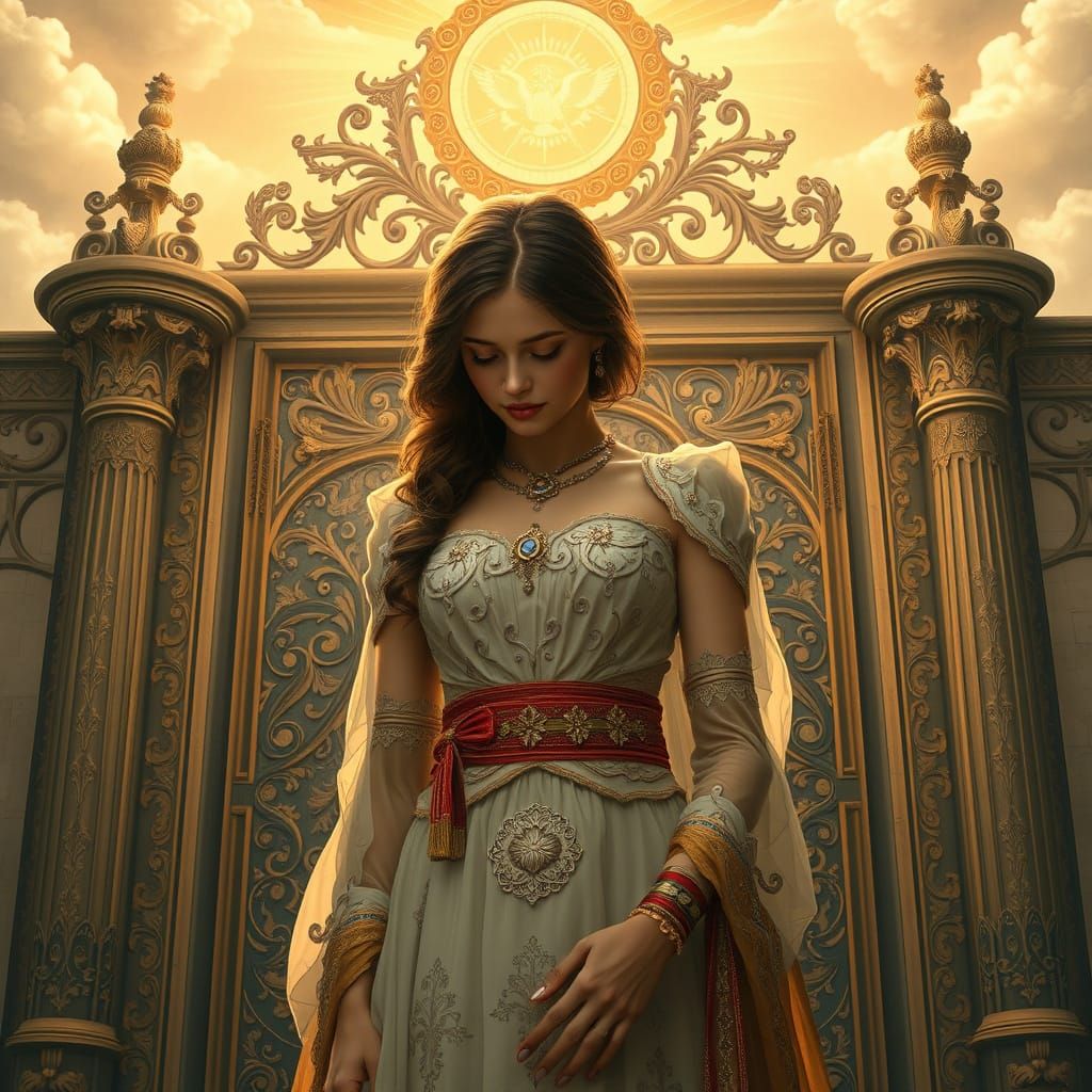 Weeping Woman at Heaven's Gates in Art Nouveau Style