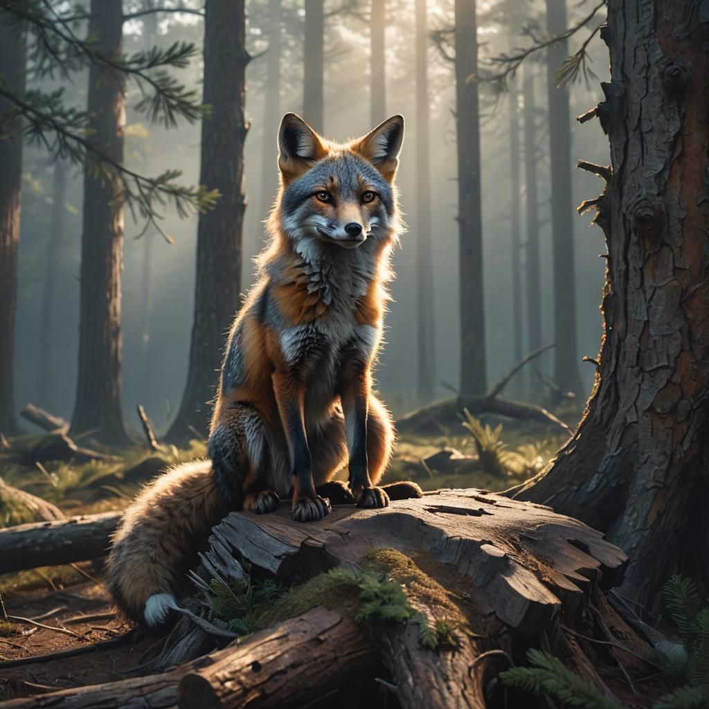 Grey Fox in Misty Forest: Cinematic Fantasy Art