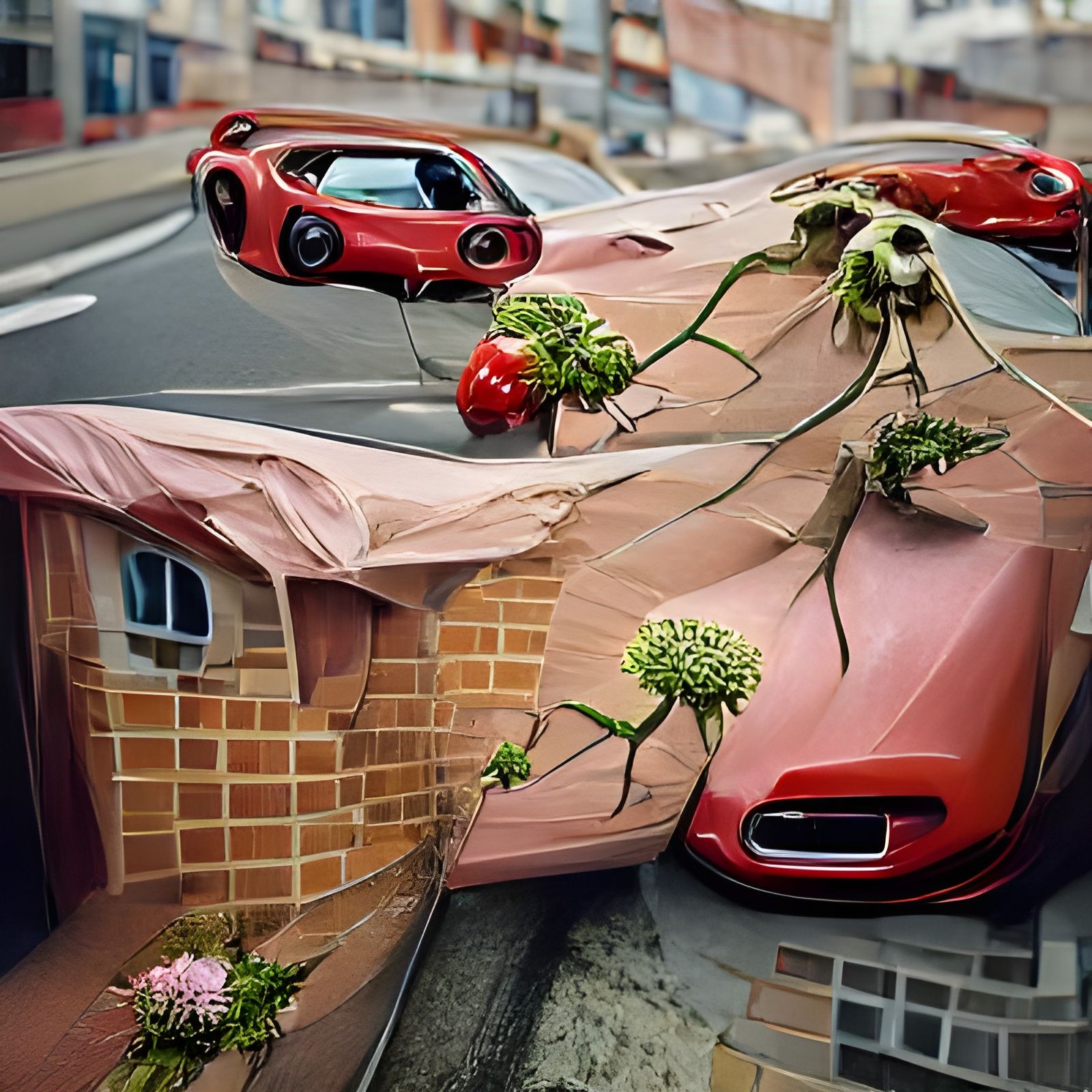 City Overgrown with Surreal Flowers: Photorealistic Painting