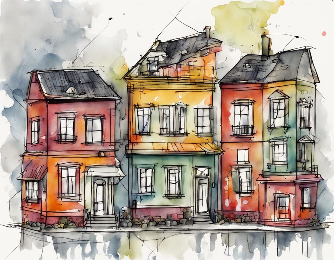 Whimsical Ink and Wash City House in Vibrant Colors