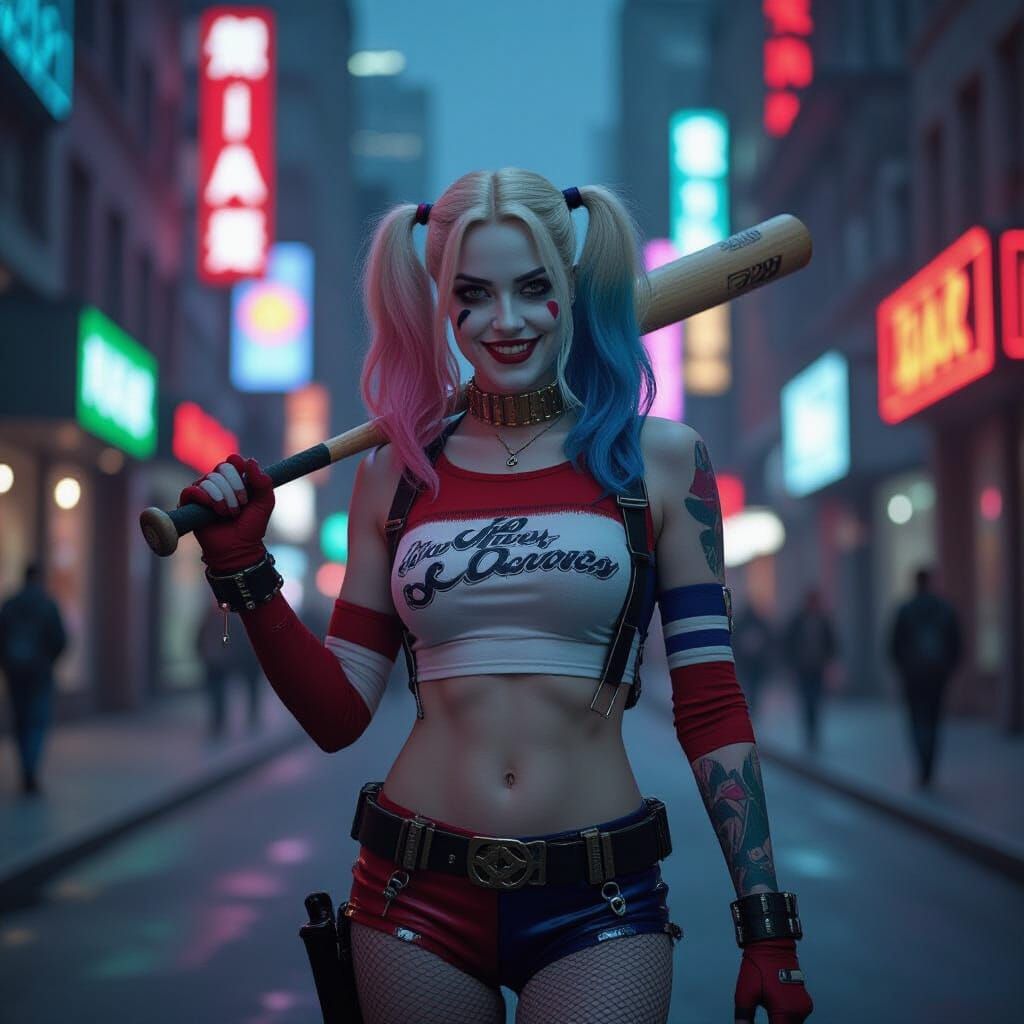 Harley Quinn in Neon City Nightscape