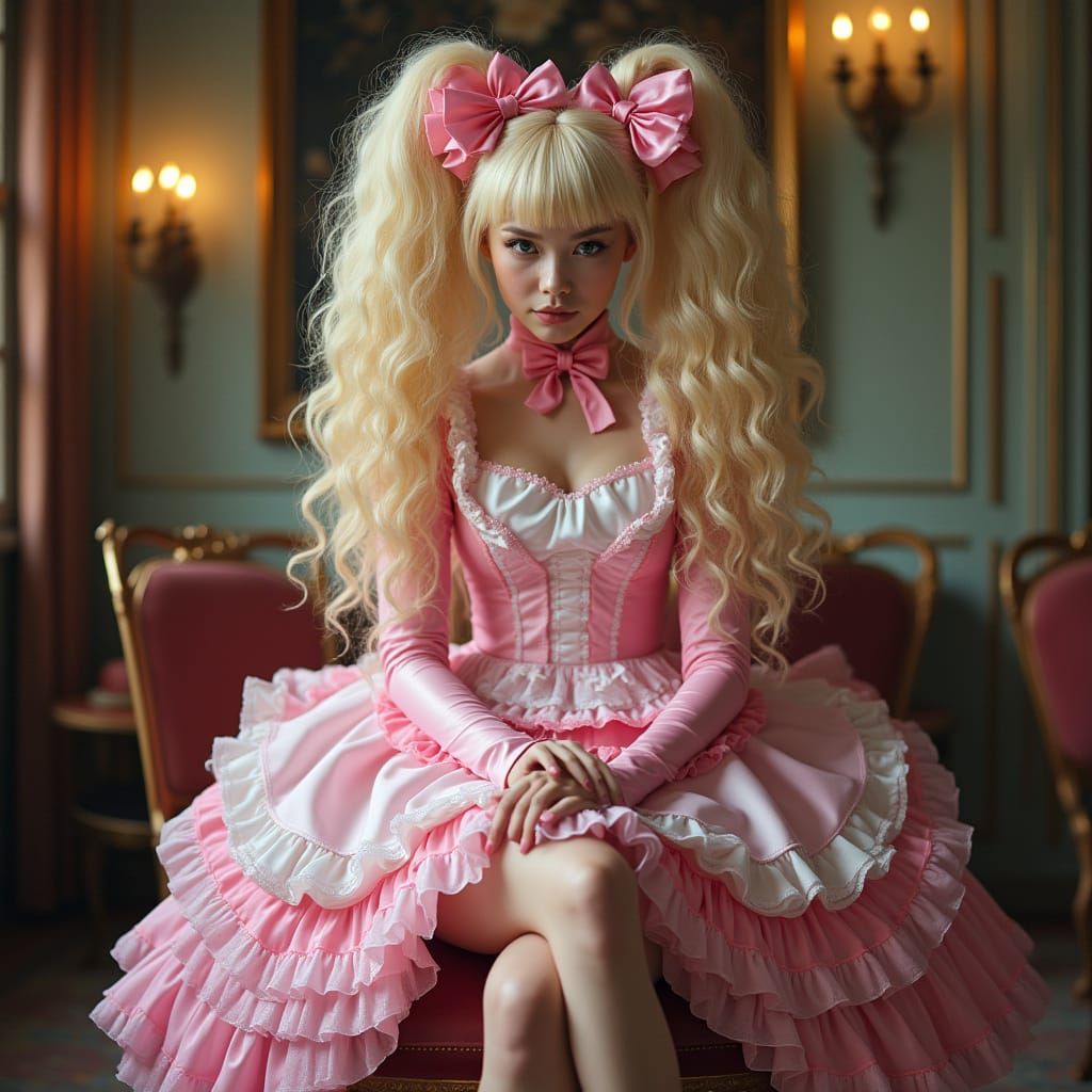 Extremely Poofy Pink Maid in Hyperrealistic Style
