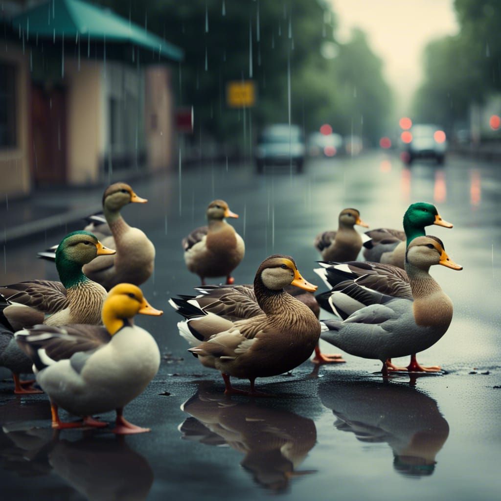 Ducks Crossing Street in Rain: High Definition