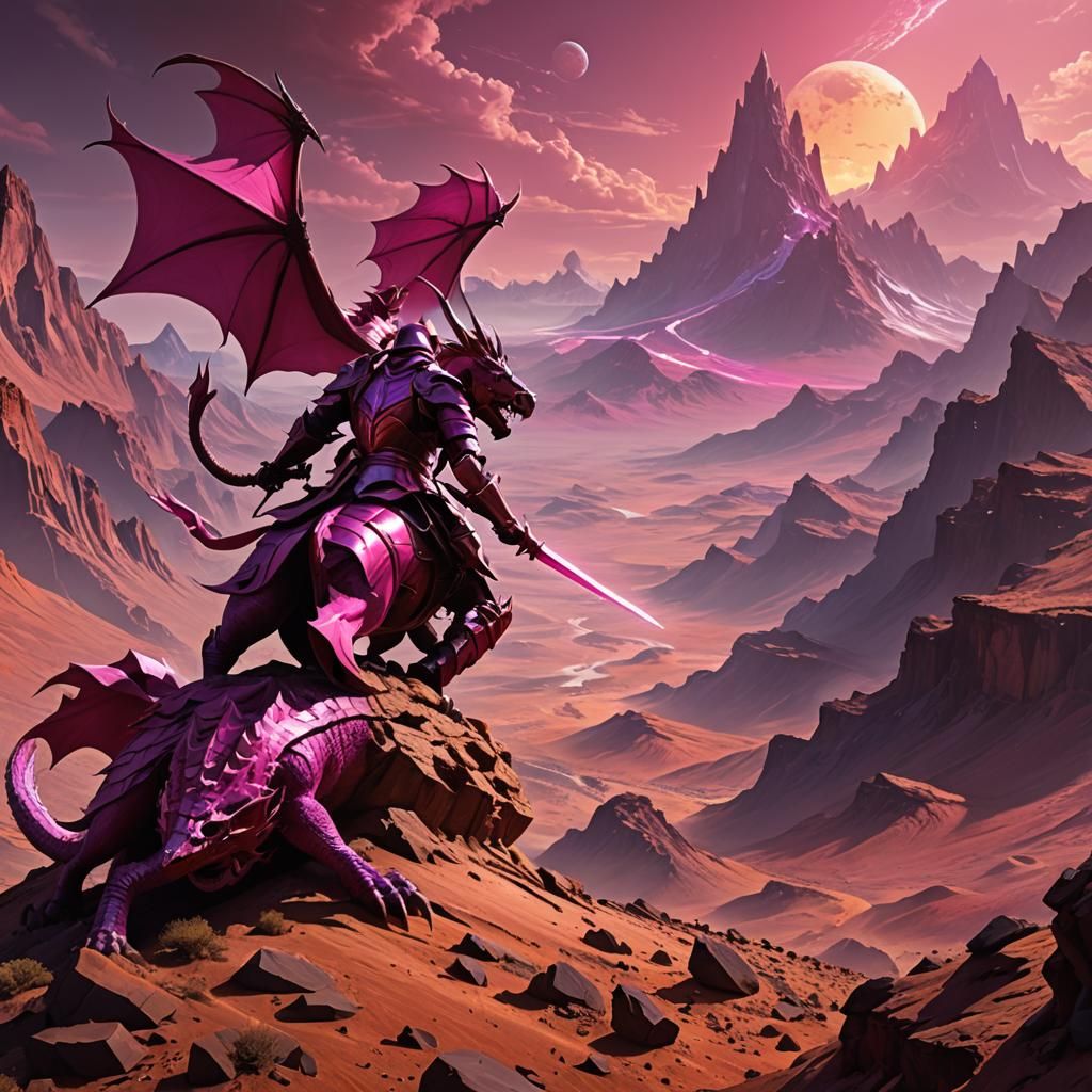 Pink Knight Dragon Fight on Mars, Dark Fantasy Art
