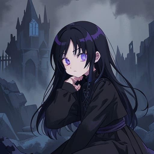 Gothic Anime Portrait of BlAsian Teenage Girl in Dark Academ...
