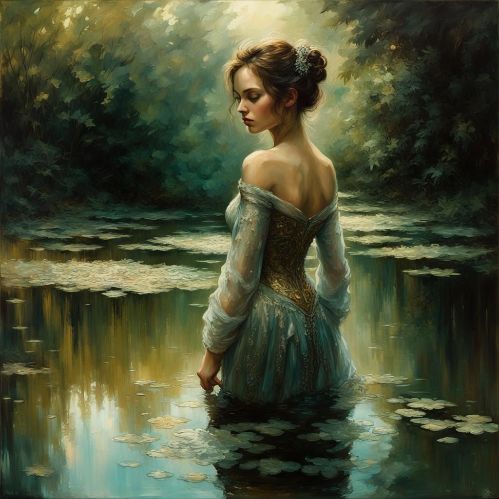 Female Reflection in Pond as Oil Painting