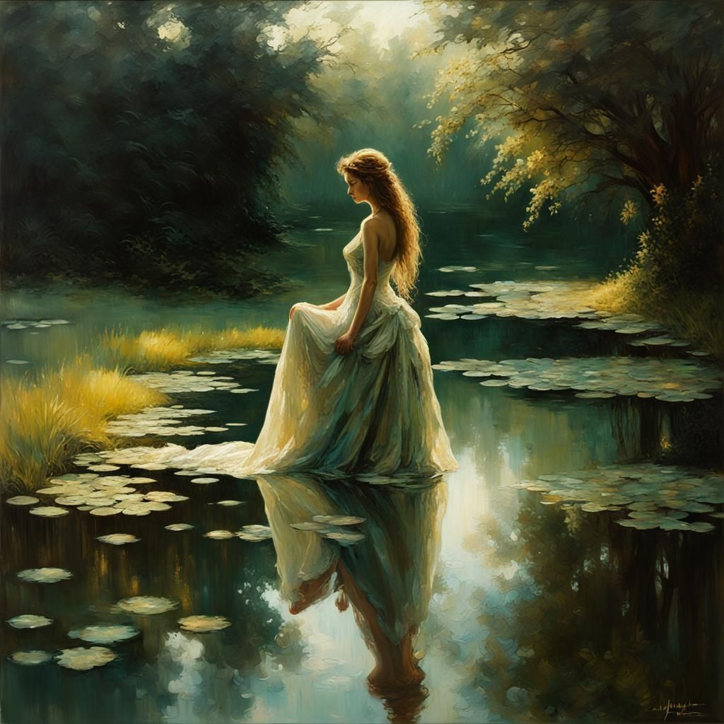 Beautiful Woman Reflected in Pond: Fantasy Oil Painting