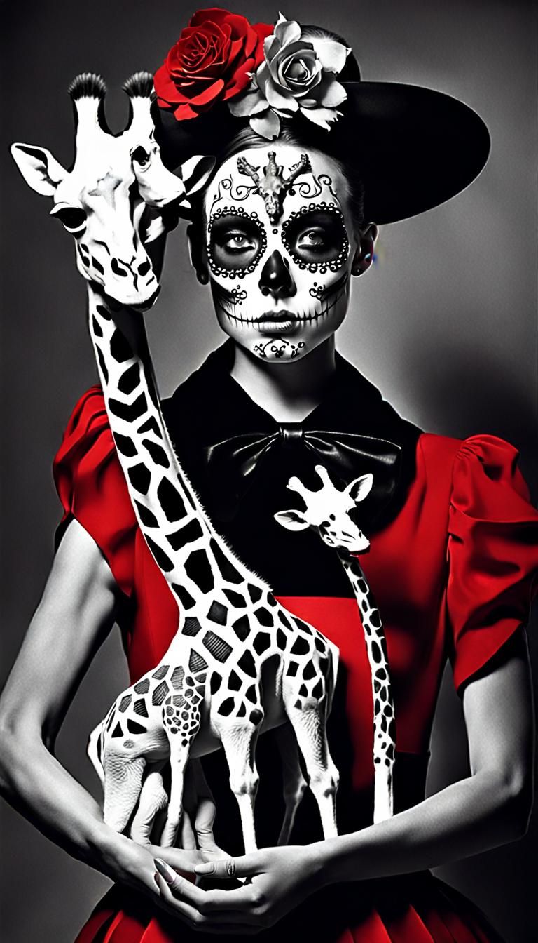 Surreal Sugar Skull Woman with Giraffe in 3D