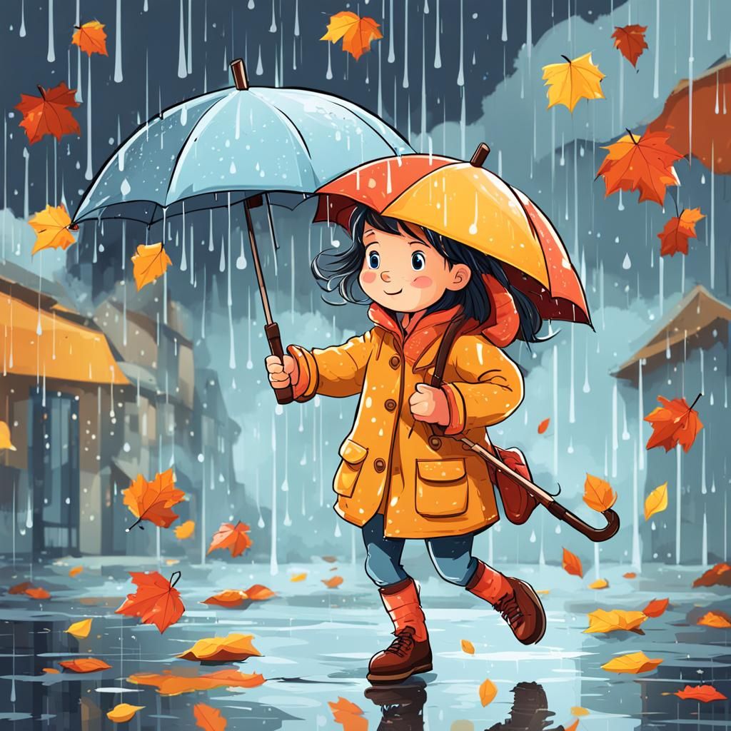 Cartoon Girl with Umbrella in Rainy Weather