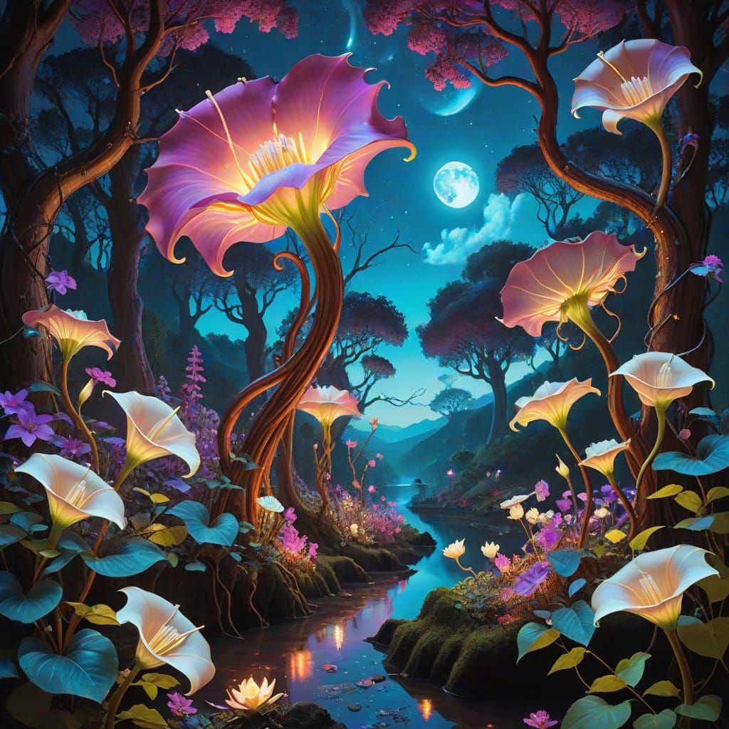 Surreal Blood Moon Illuminates Dreamlike Forest Scene in Vib...