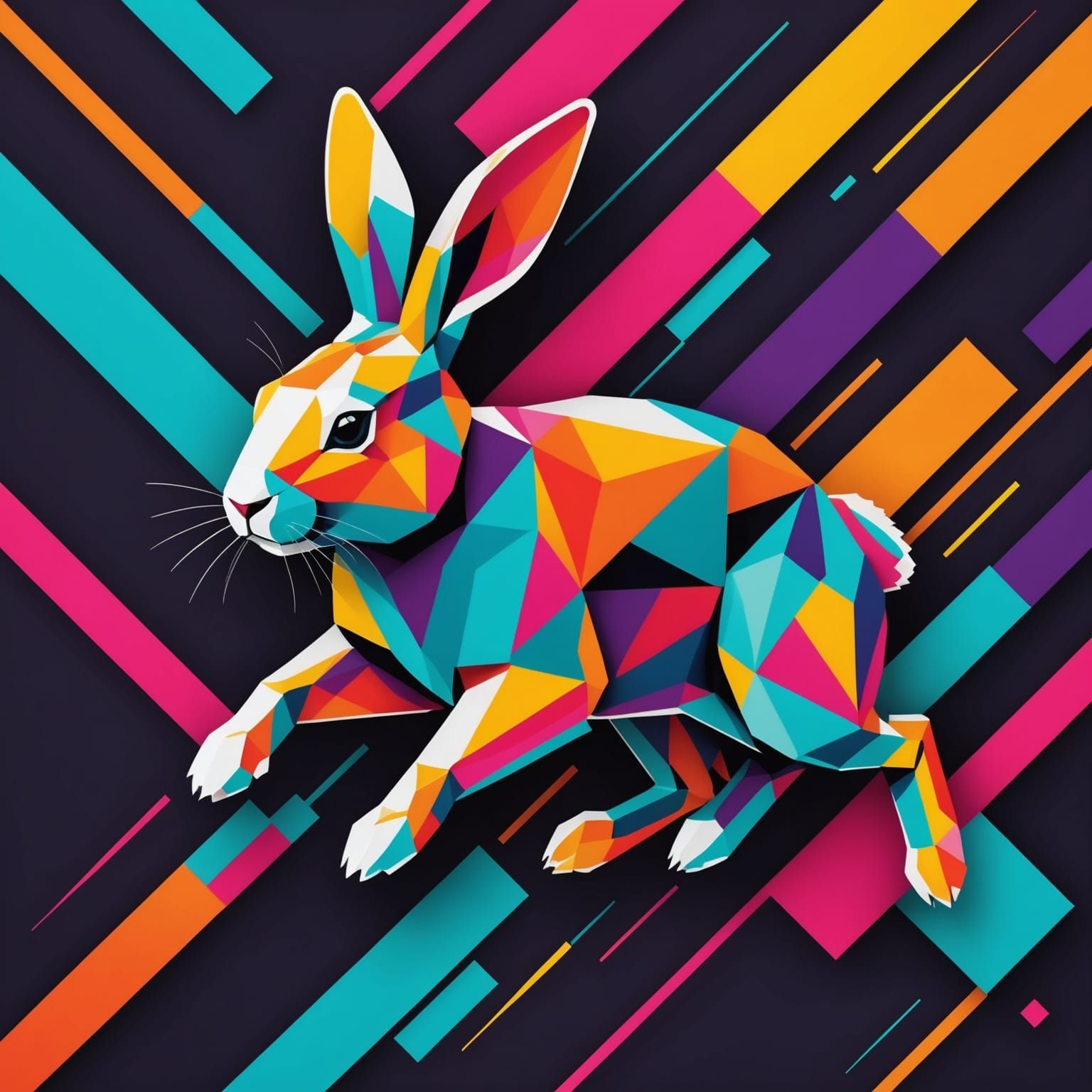 Geometric Neon Rabbit Leaping in Minimalist Landscape