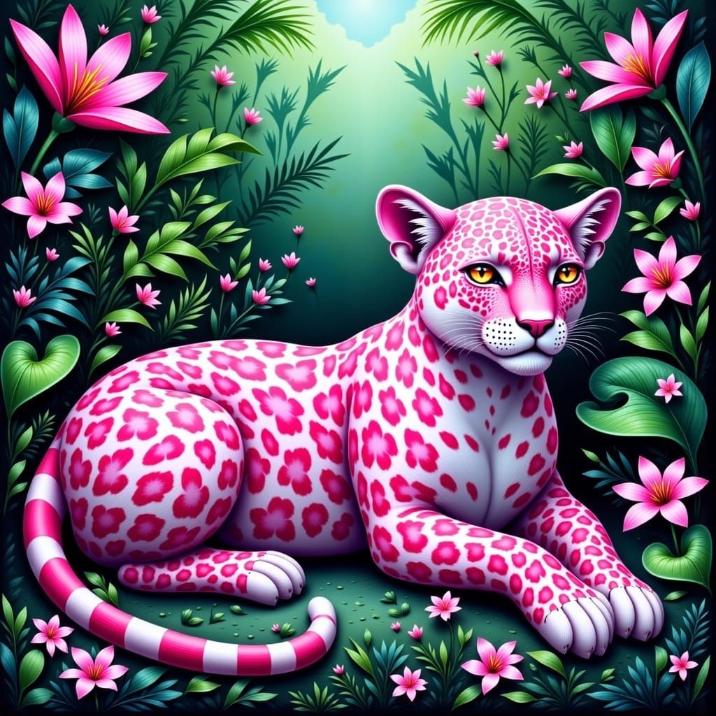 Heart Leopard in Lush Jungle, Dreamlike Digital Art