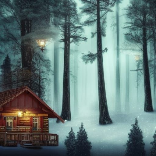 Winter Forest Cabin Offers Best Coffee: Fantasy Art