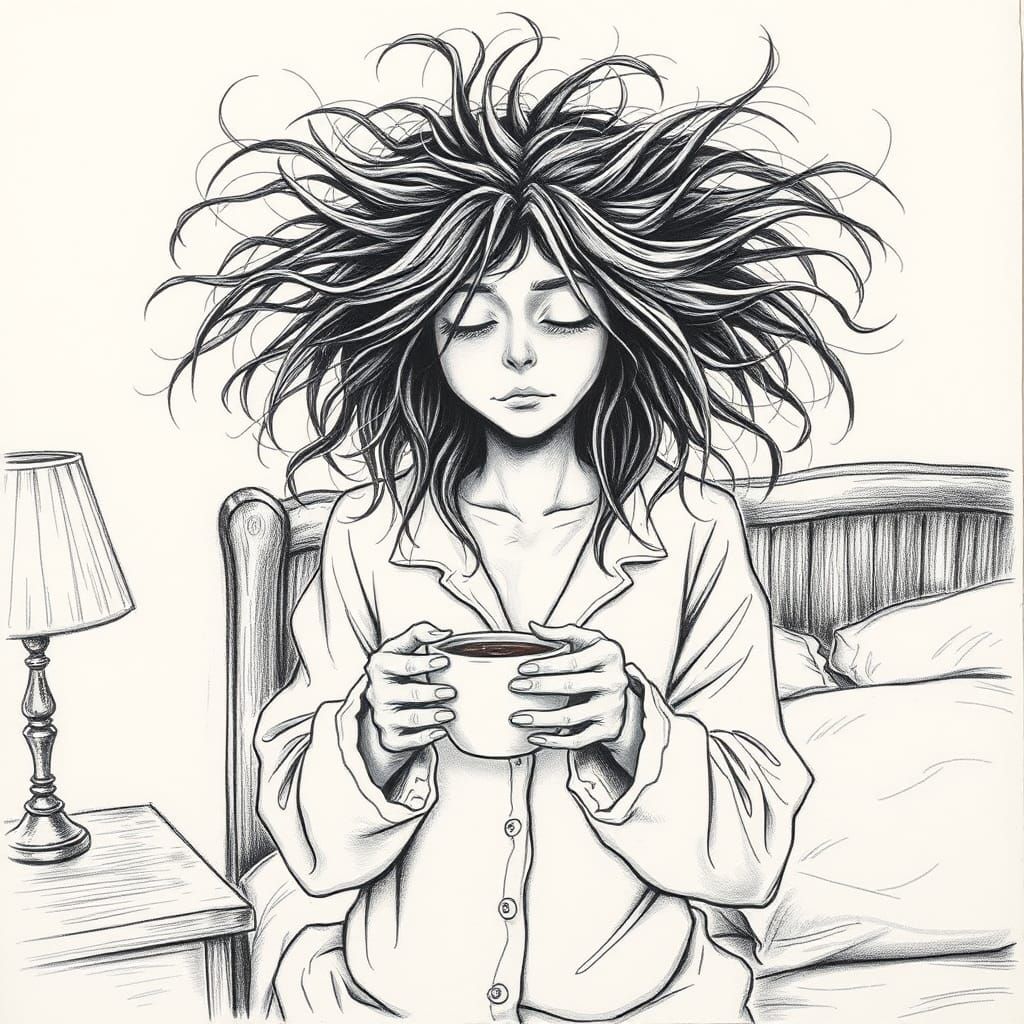 Woman with Coffee: Hyperdetailed Charcoal Drawing