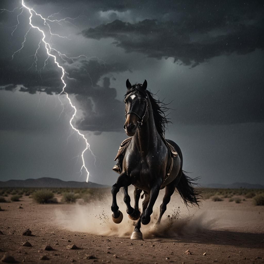 Powerful Black Horse Rides in Dark Desert Storm