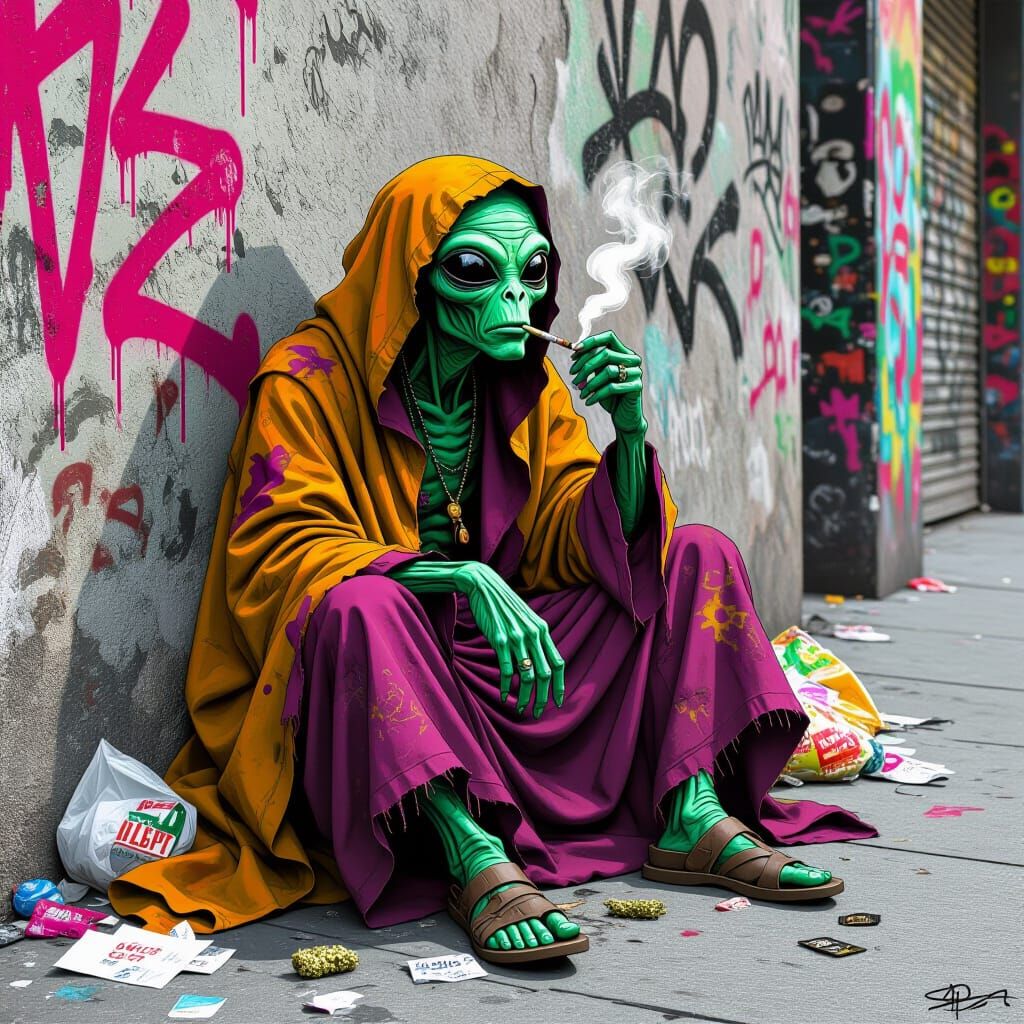Homeless Alien Smoking on Grimy Sidewalk, in Psychedelic Sty...