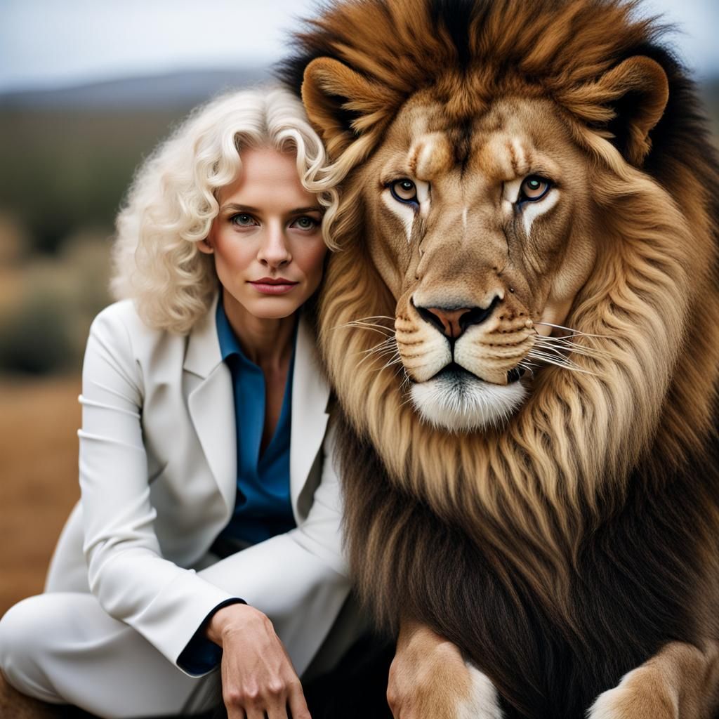 Woman and Lion Portrait in Professional Photography Style