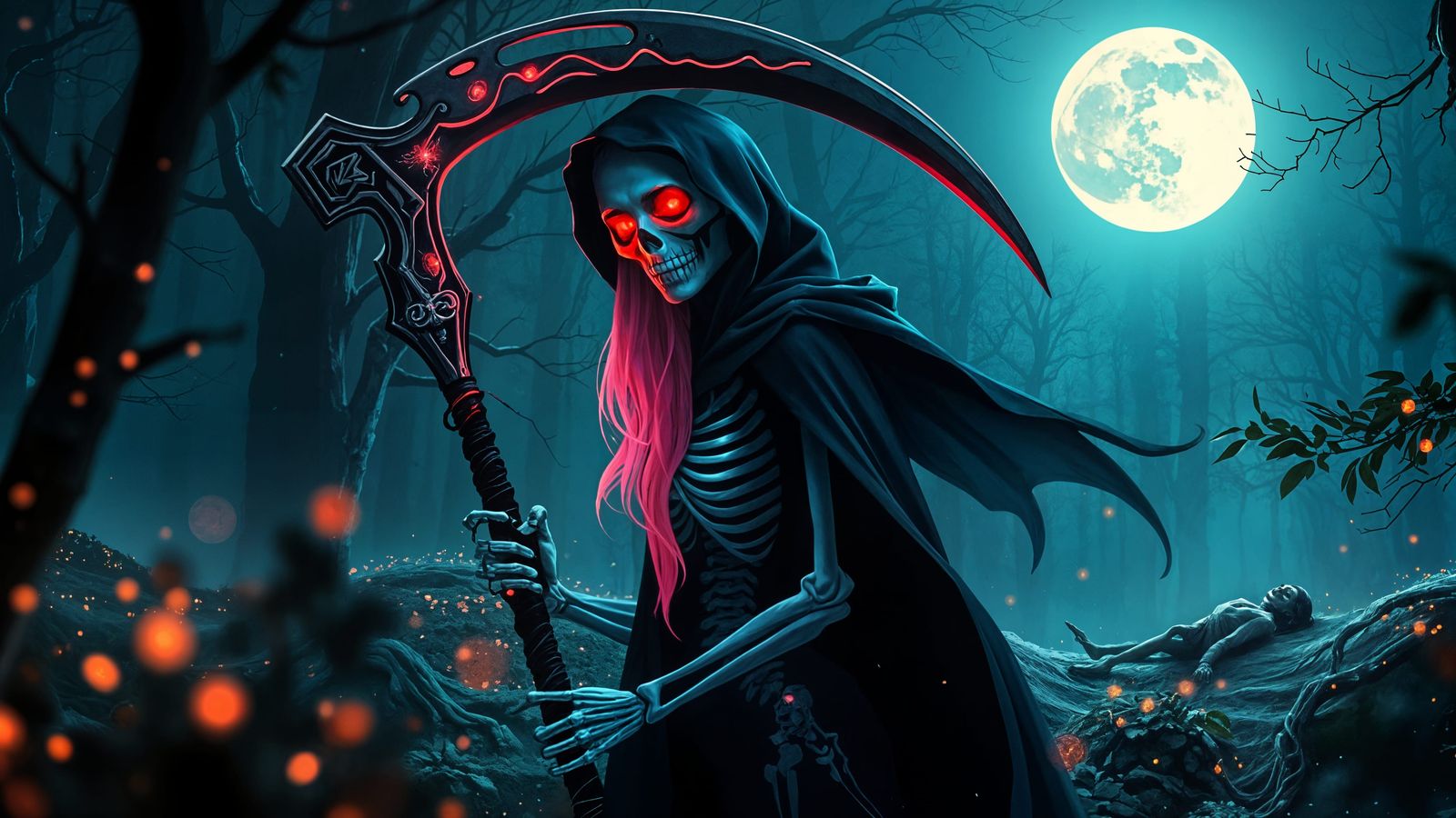 Beautiful Undead Grim Reaper in Enchanted Forest