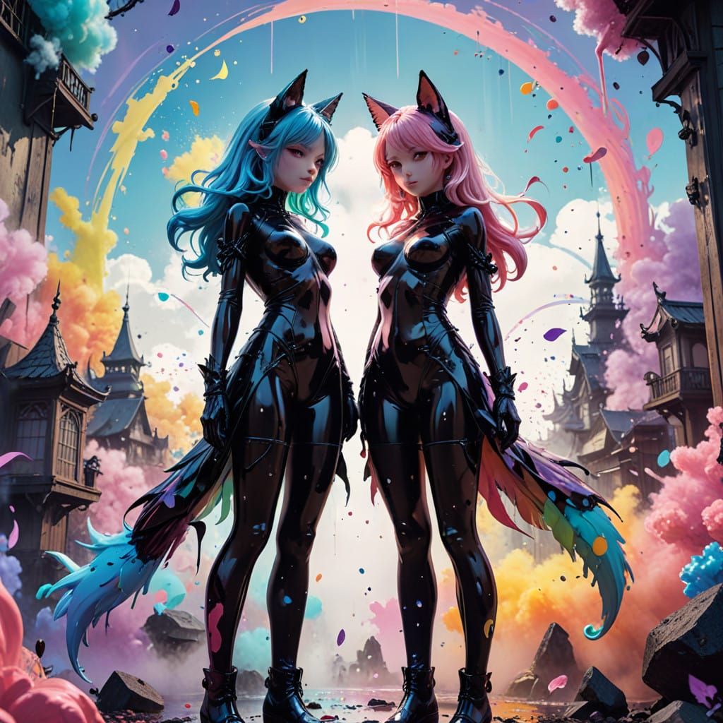 Gothic Black Latex Duo in Whimsical Land of Pastels