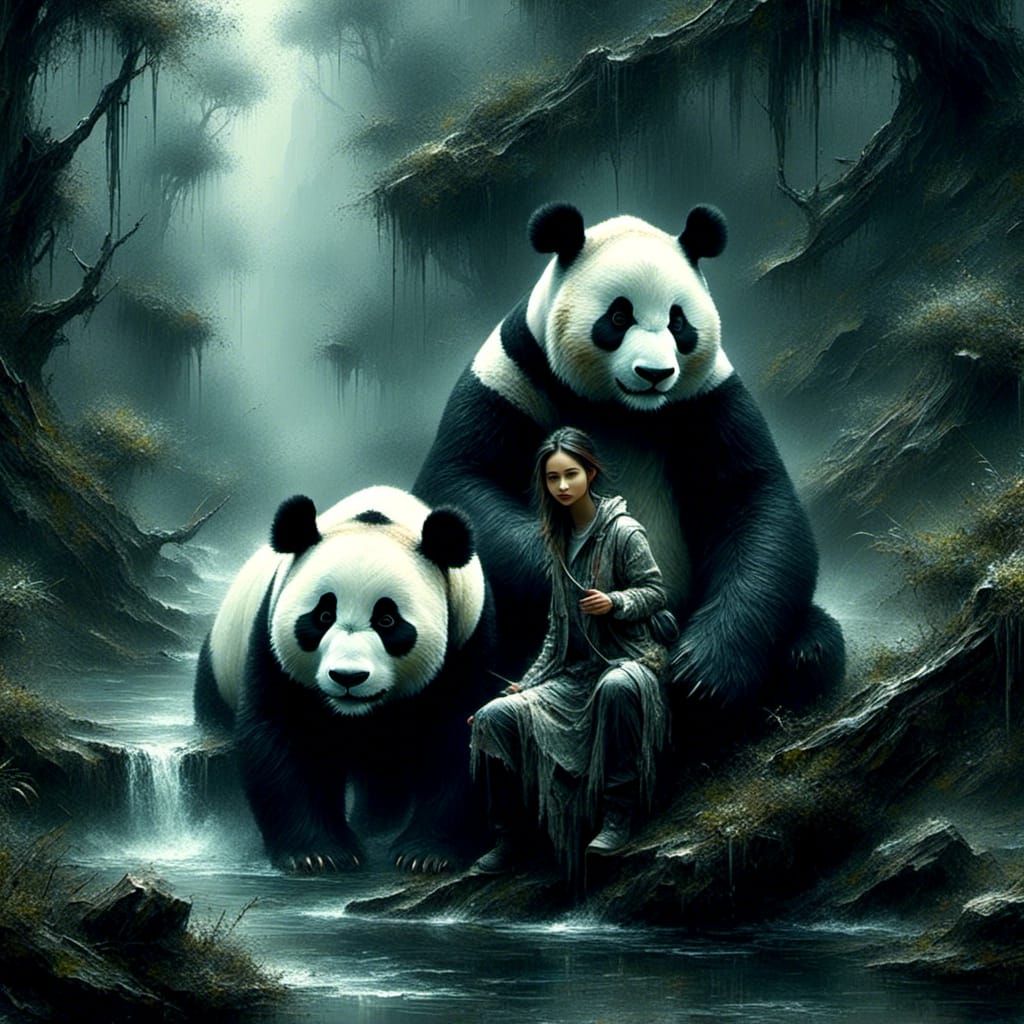 Watercolor Woman and Panda in Black Jungle