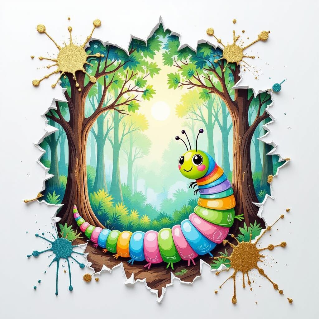 Pastel Caterpillar in Forest of Splattered Oils