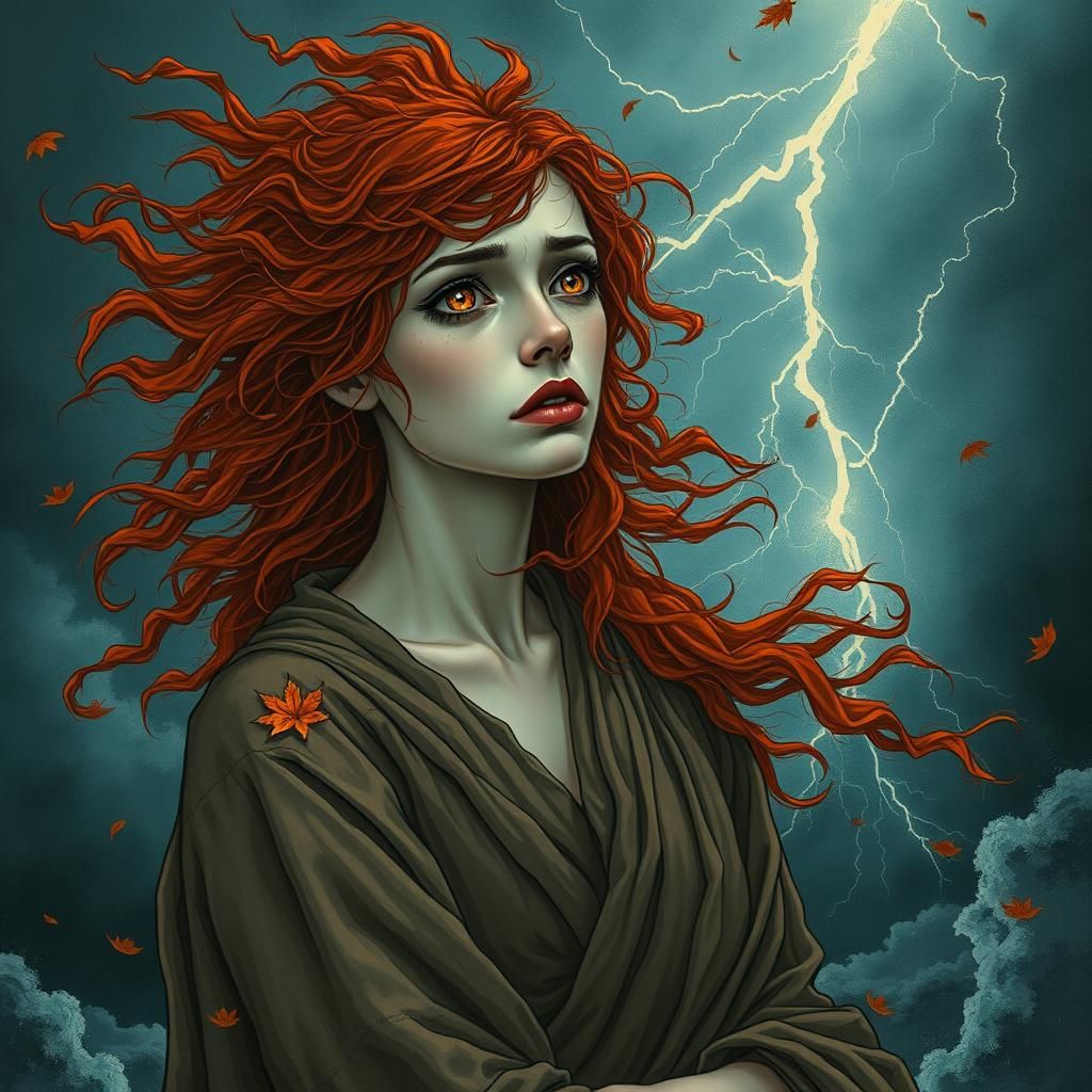 Woman with Opal Eyes Weeping in Storm