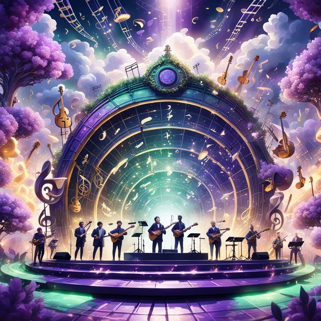 Mystical Musicians on Stage in Fantasy Landscape
