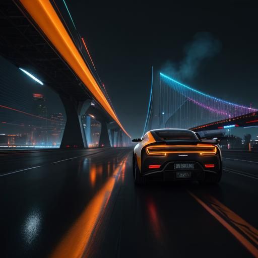 Neon Sports Car Soaring Over Futuristic Cityscape