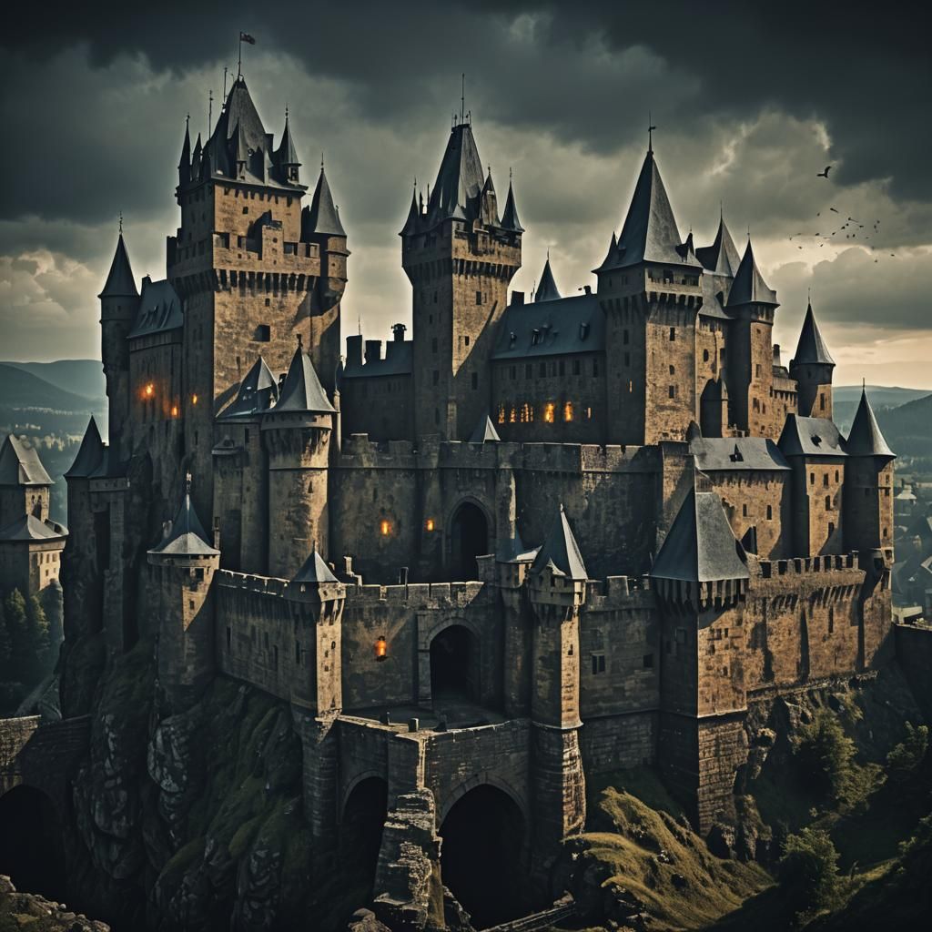 Dark Fantasy Medieval Castle with Drawbridge and Towers
