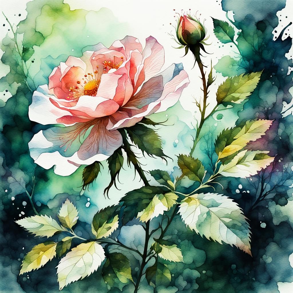 Fantasy Watercolor Rose Silhouette with Greenery