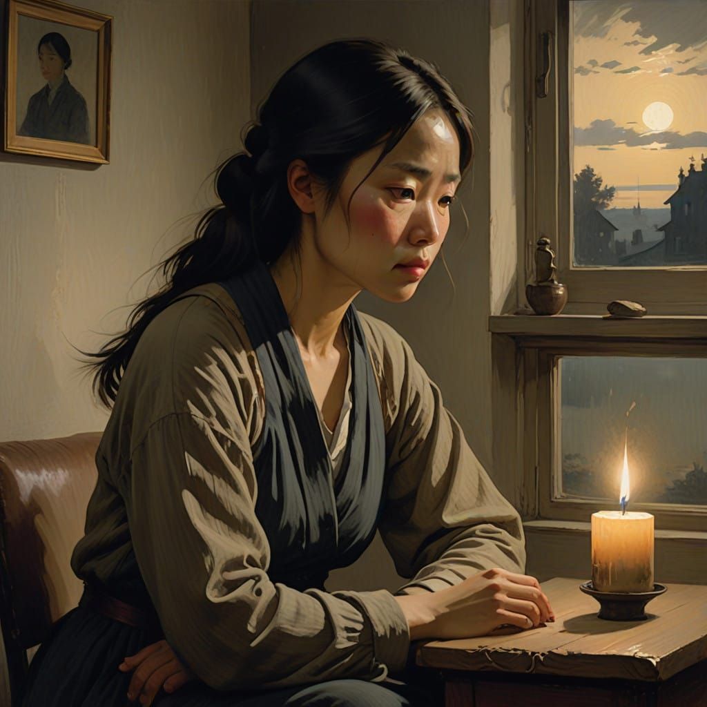 A Contemplative Woman Lost in Thought, Candlelit