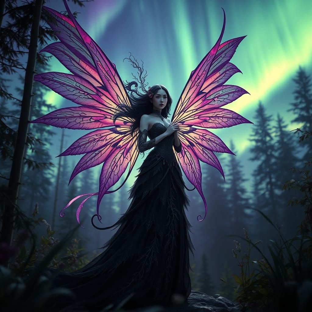 photo-realistic image of a captivating dark fantasy scene featuring a gothic fairy with magnificent, detailed wings exud...