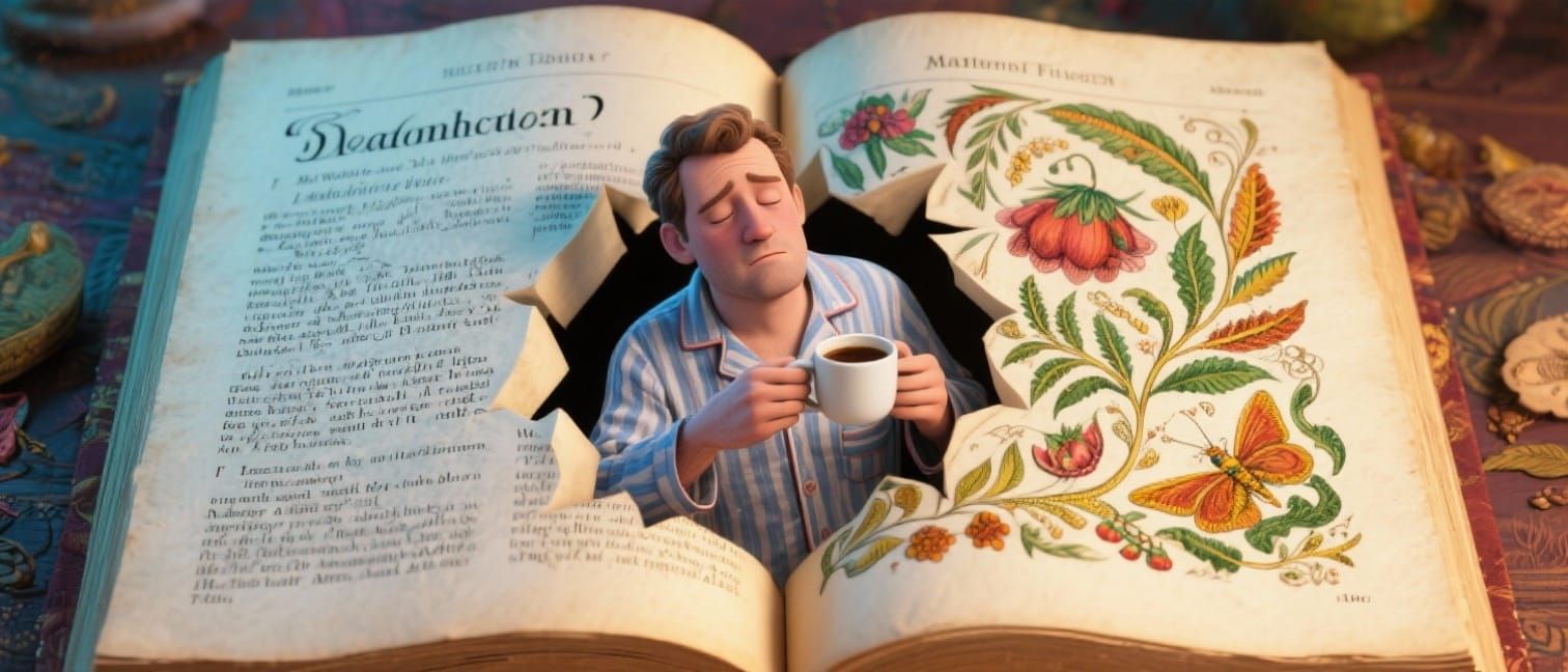 Man Emerges from Vintage Dictionary Pages with Coffee