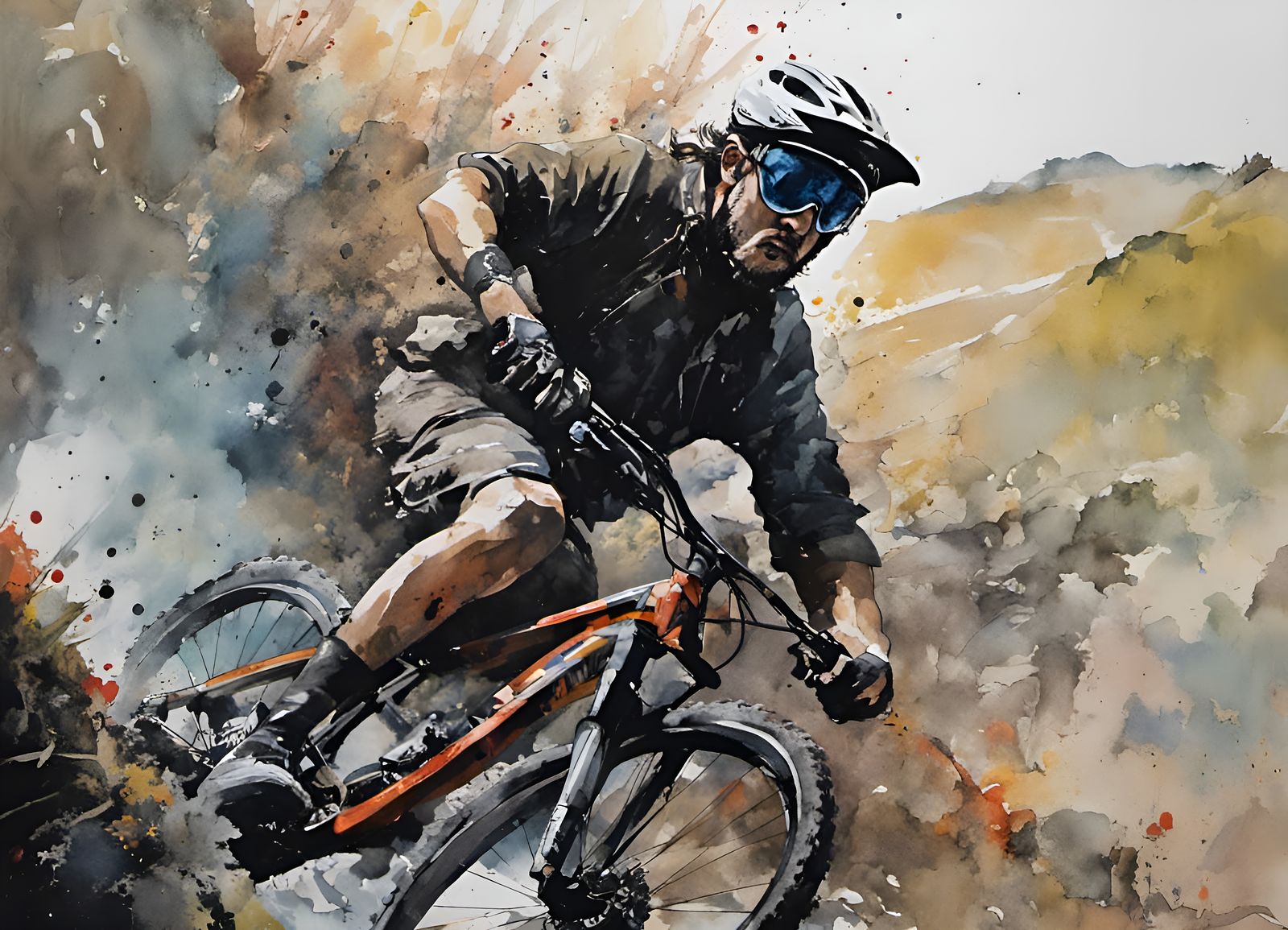 Mountain Biker Portrait in Watercolor Style