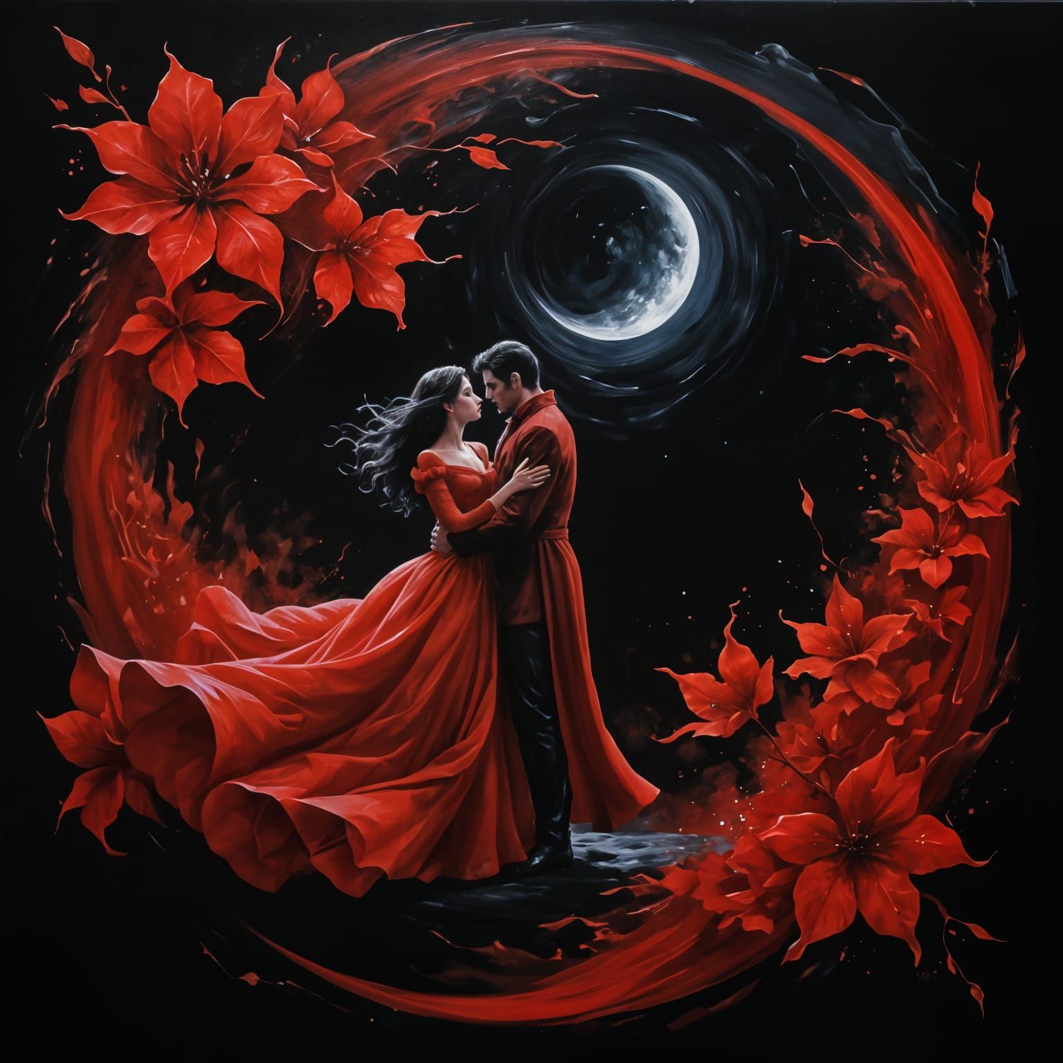 Mystical Red and Black Oil Painting of Couple