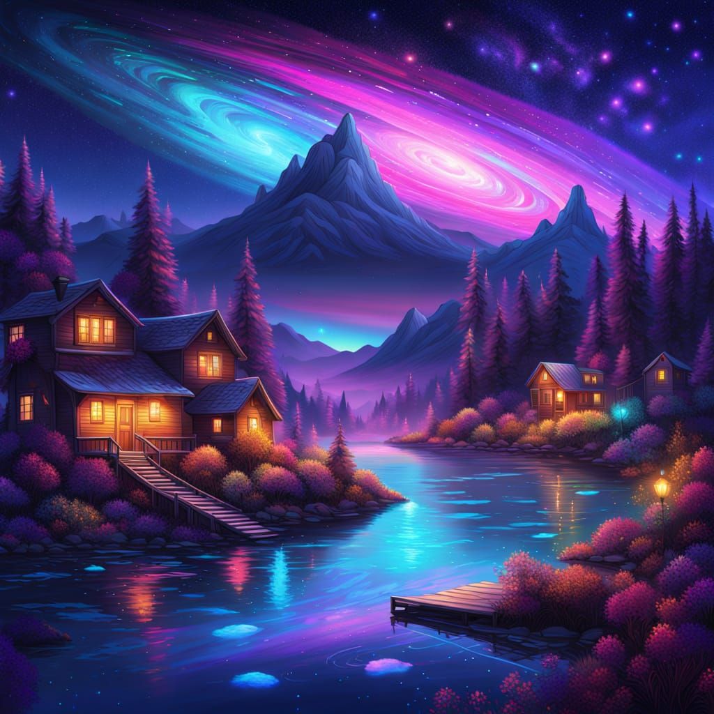 Vibrant Rainbow Cityscape Under Starry Galaxy Sky