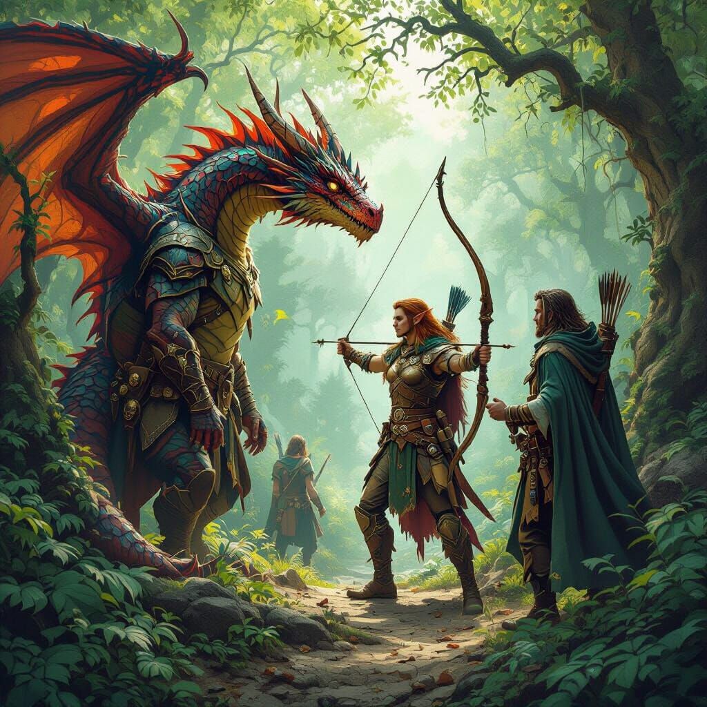 Fantasy Adventurers Battle Monsters in Ancient Forest