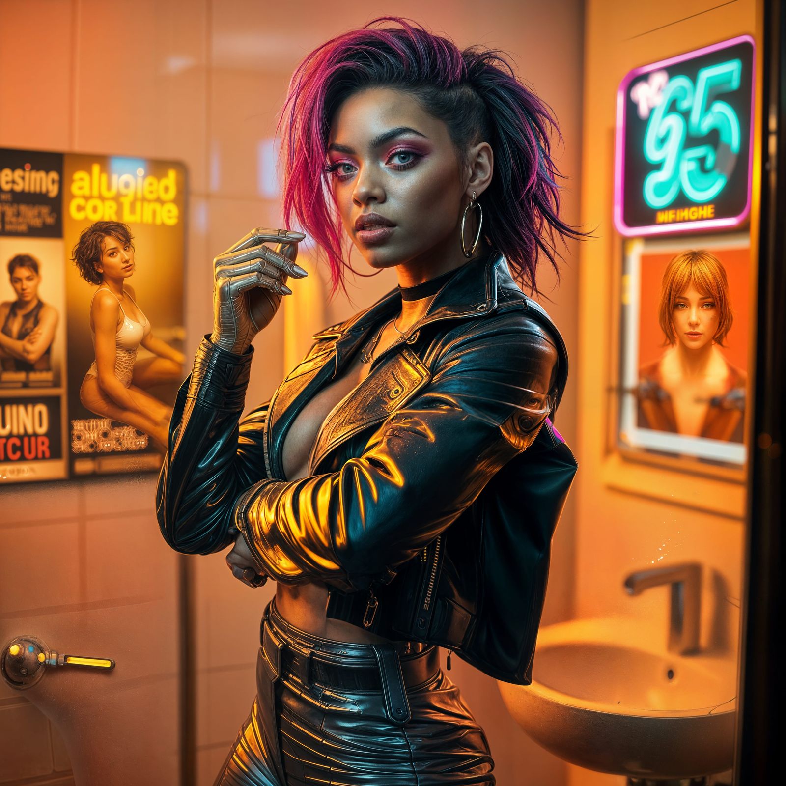 Cyberpunk Goddess Unveiled in Vibrant Bathroom Scene