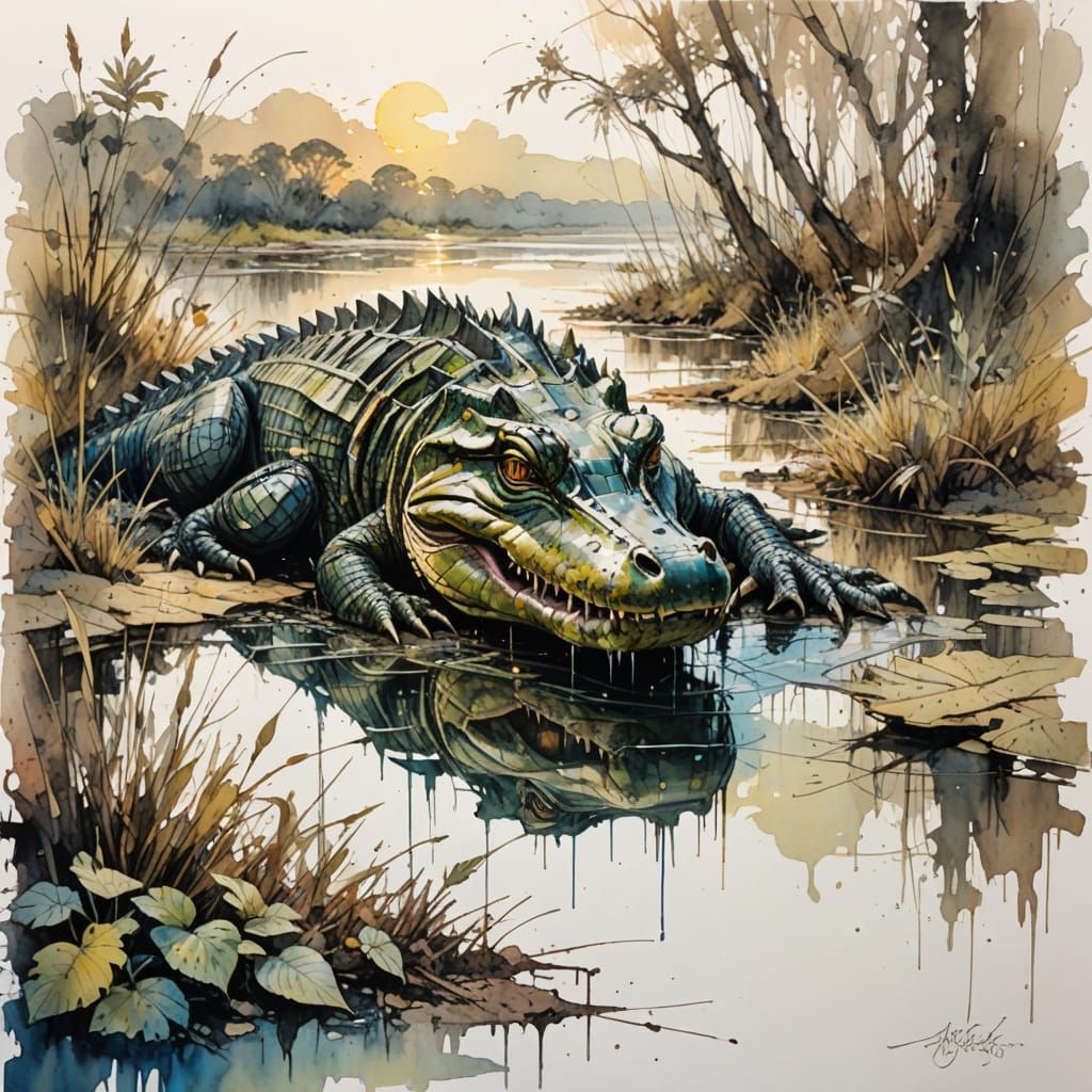 Surreal Watercolour River Scene with a Stealthy Alligator