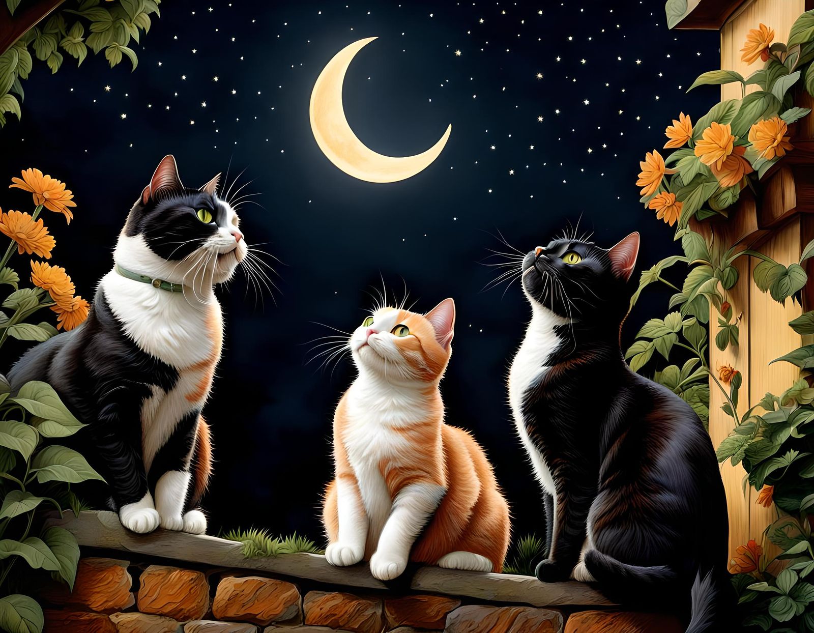 Cats Serenading the Moon on Starry Night
