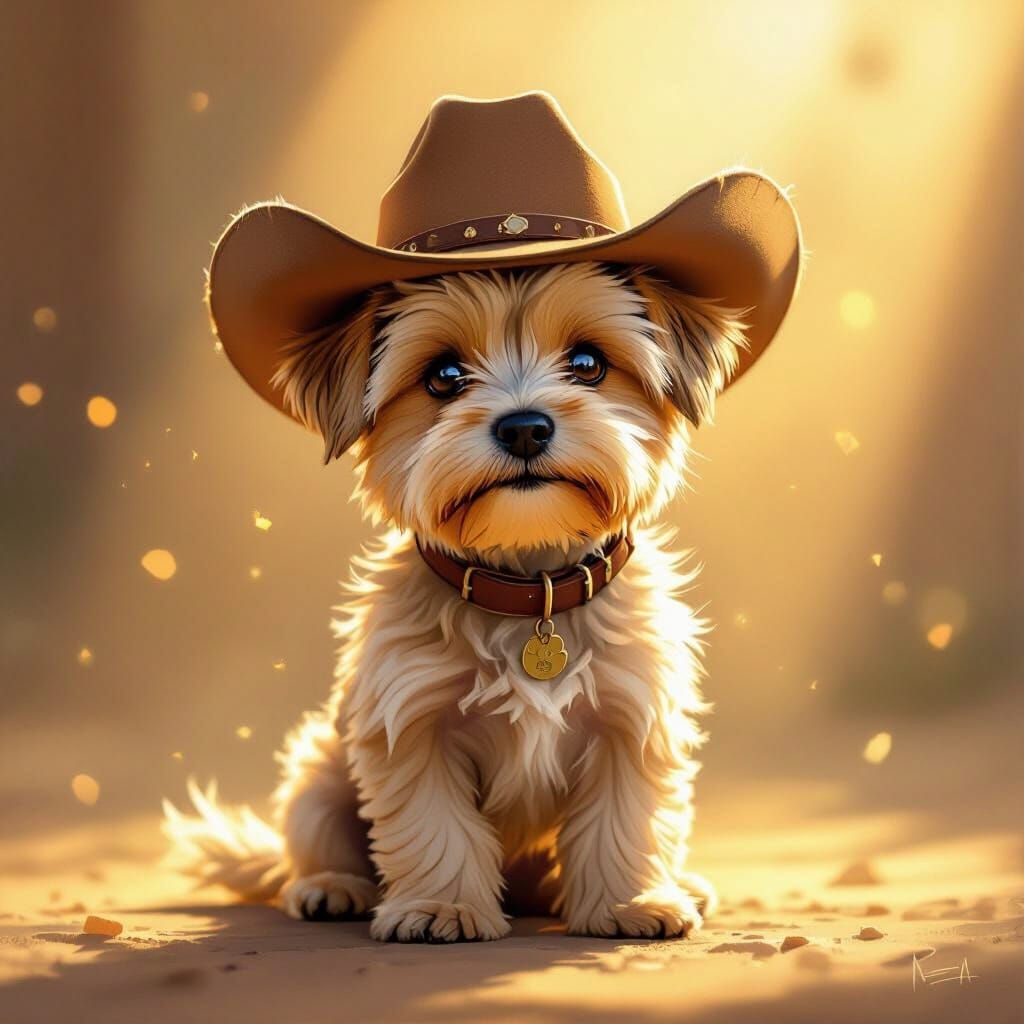 Small Terrier Dog in Cowboy Hat at Golden Hour