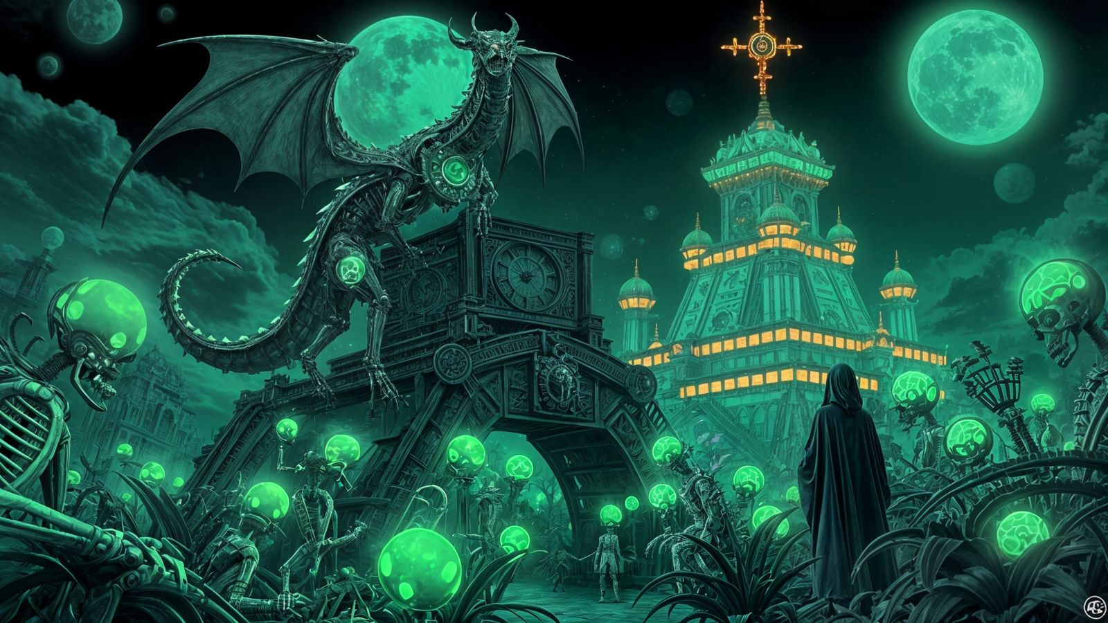 Gothic Clockwork Dragon on Neon Ziggurat
