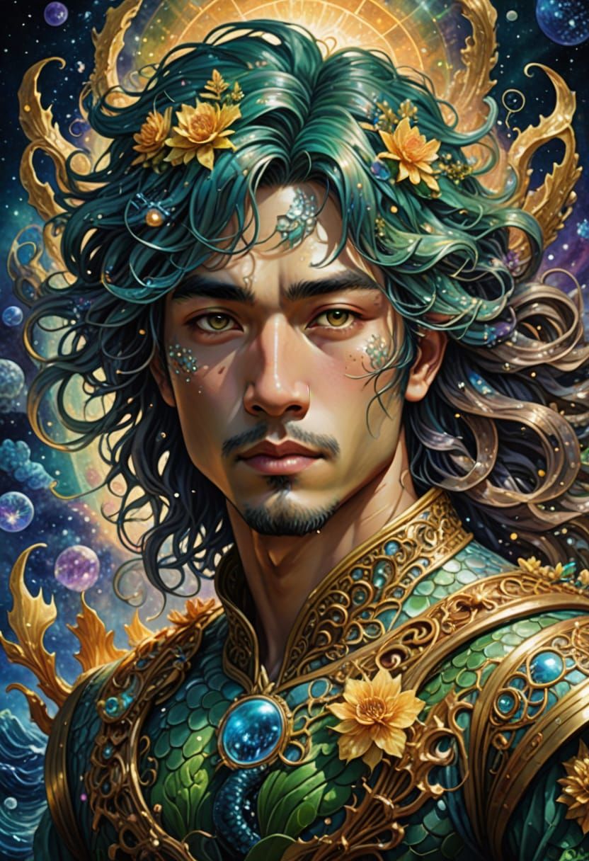 Merman with Cosmic Hair in Ornate Golden Lineart
