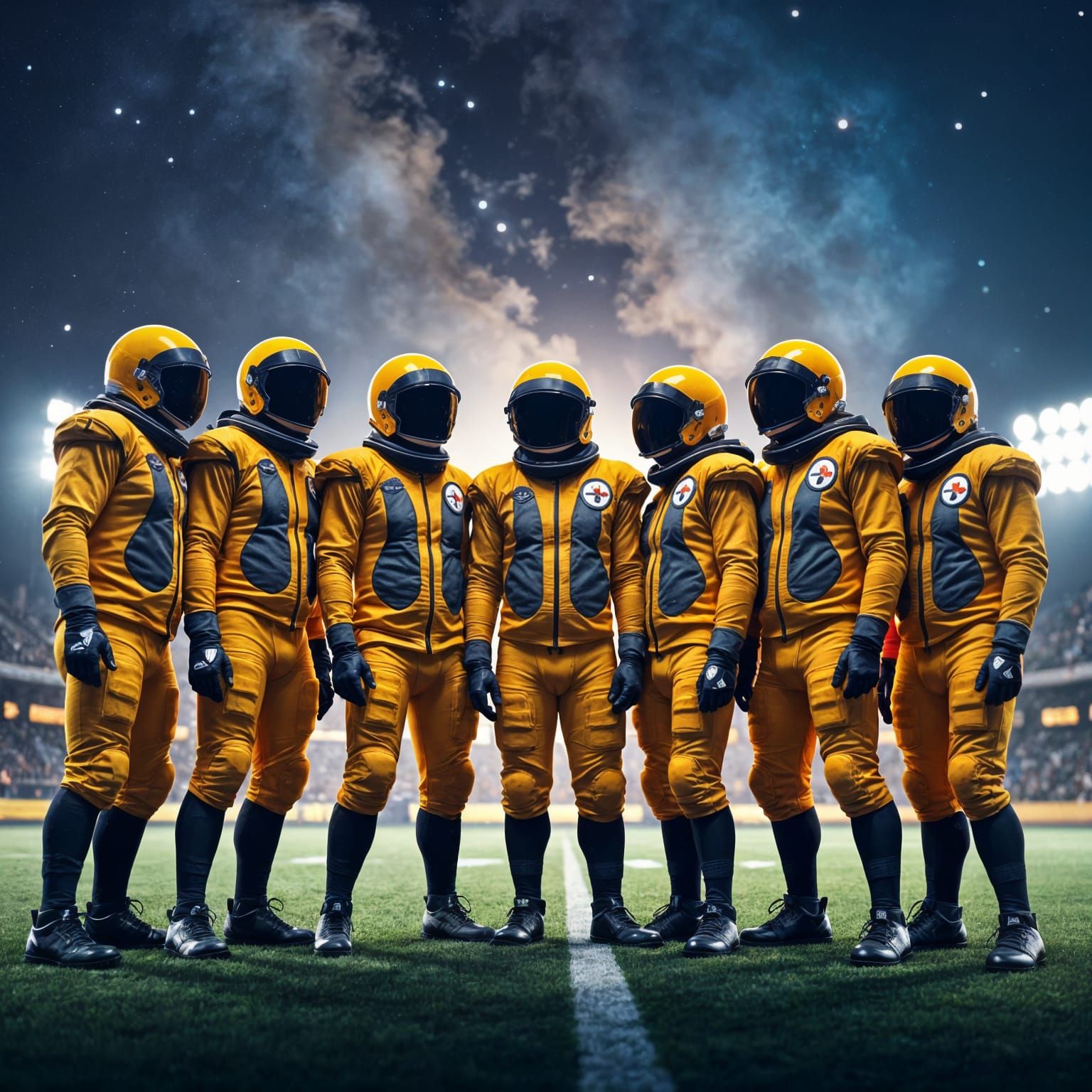Astronauts in Steeler Suits on Cosmic Football Field