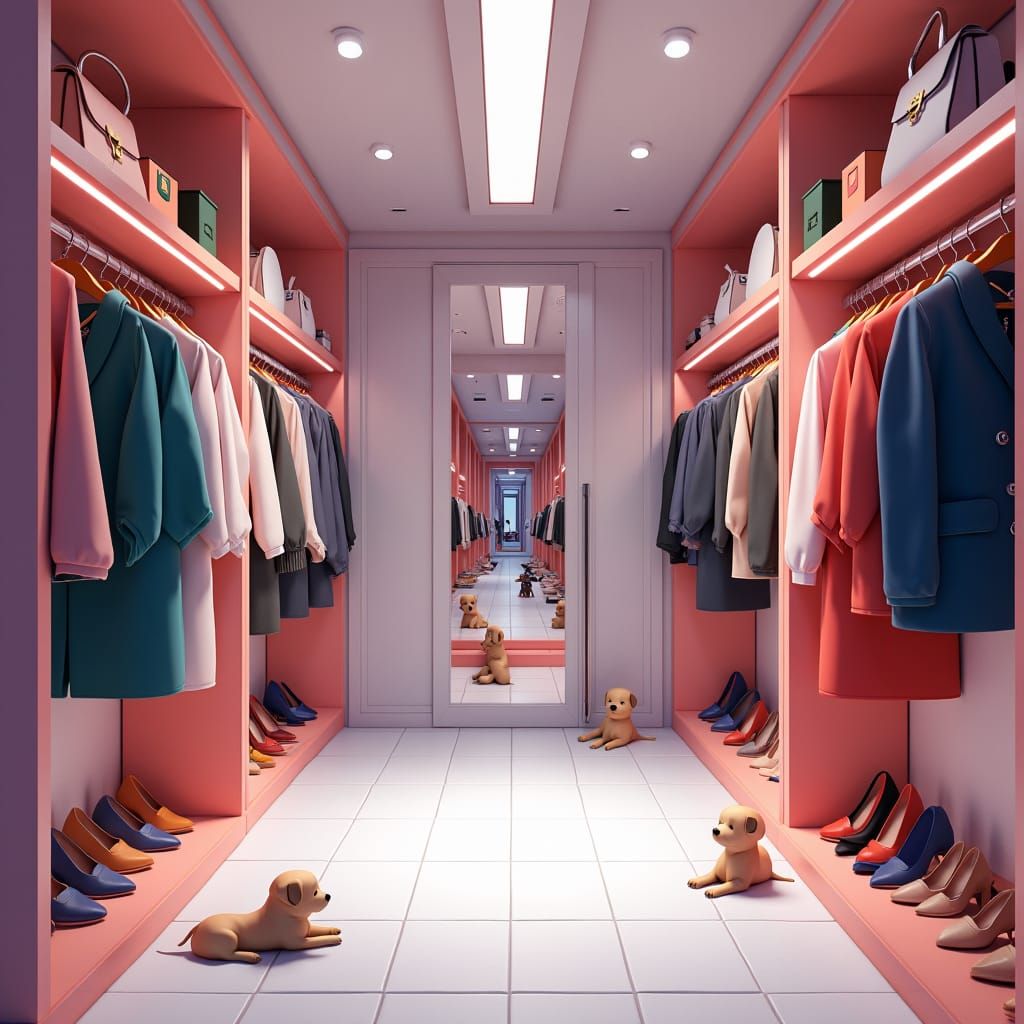 Anime Closet with Puppies in 3D Rendered Style