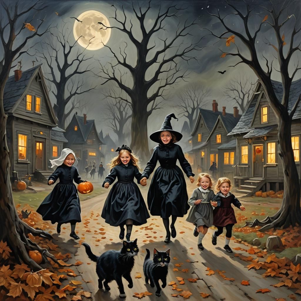 Eerie Halloween Night in Old Village, Oil Painting