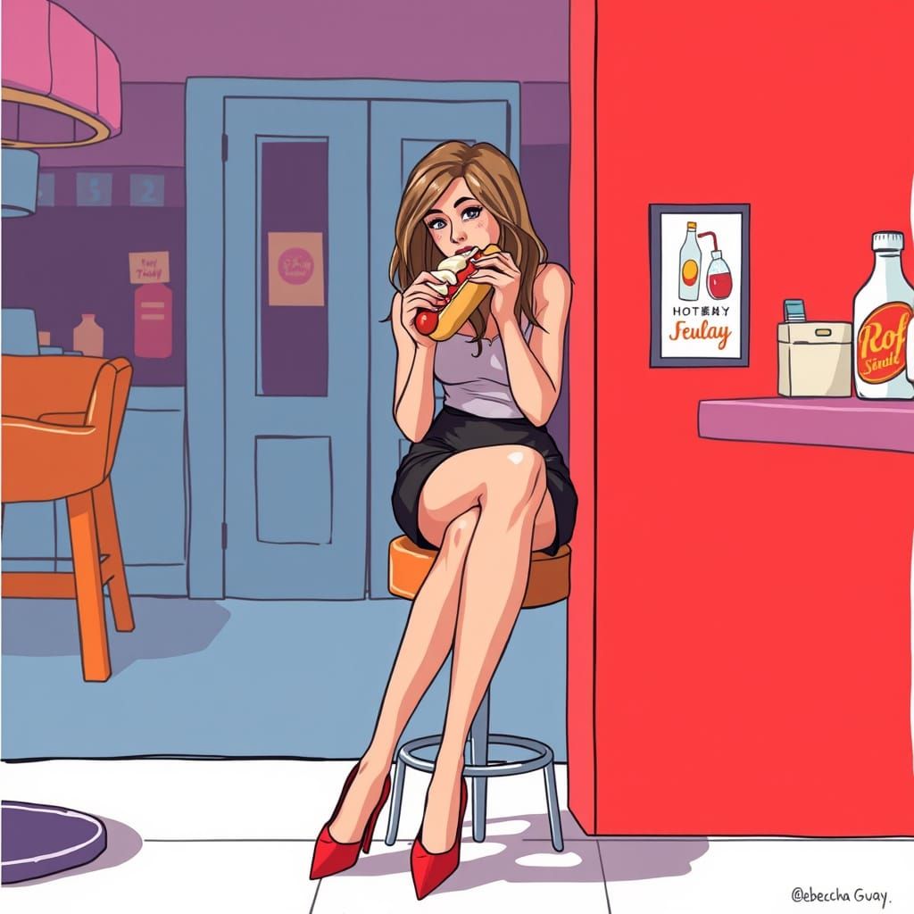 Stylish Woman Eating Hot Dog in Art Nouveau Style