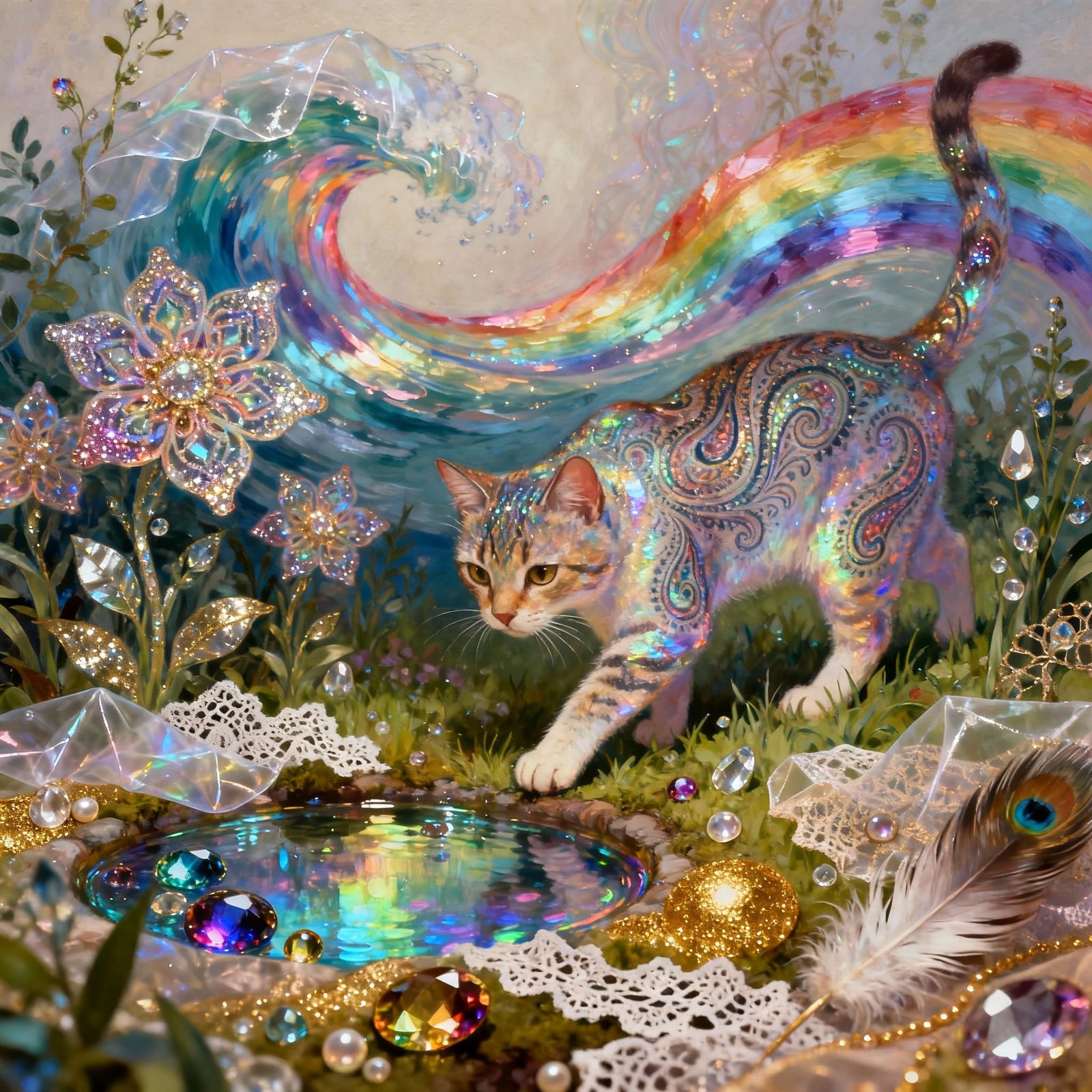 Psychedelic Cat Explores Shimmering Garden in Mixed Media Ar...