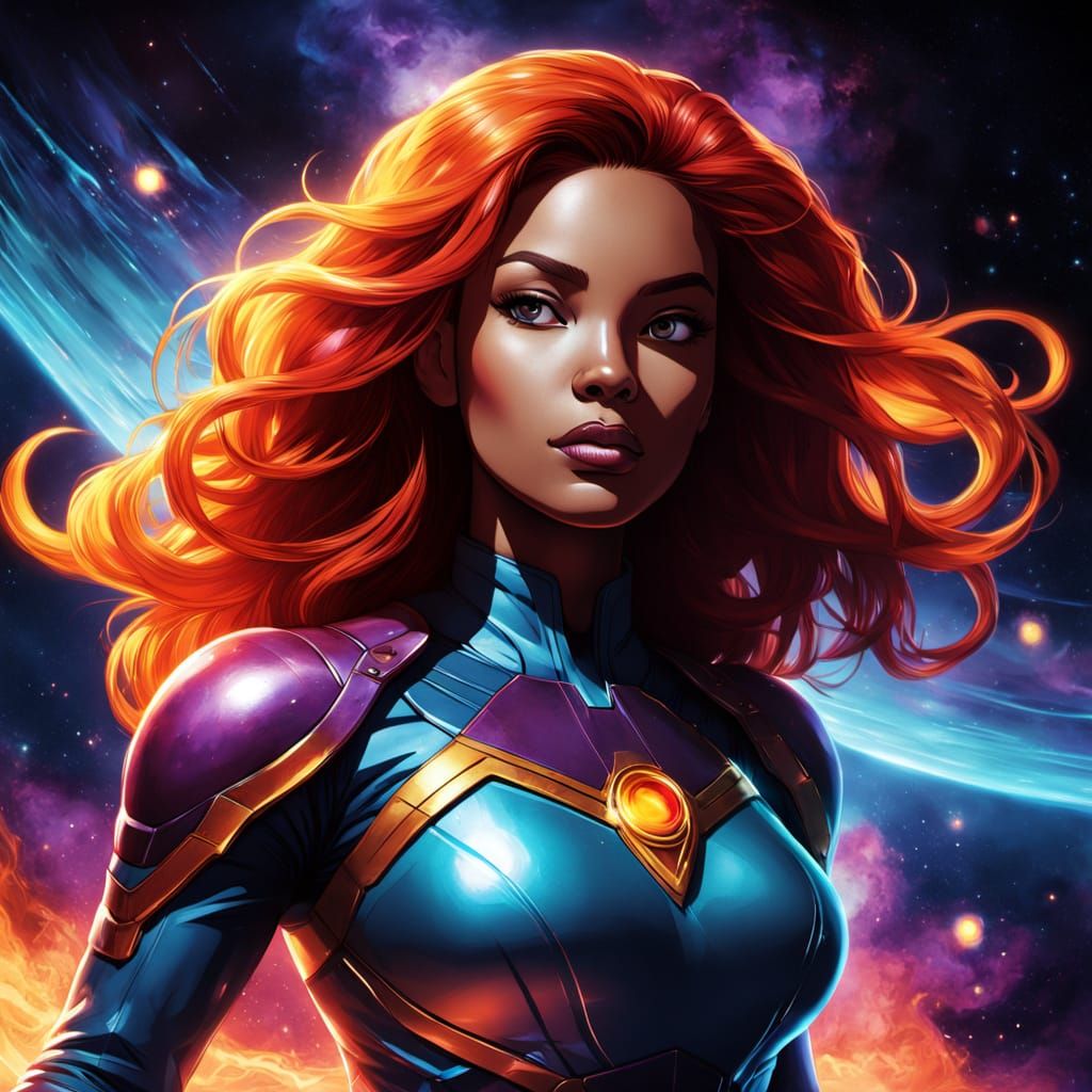 Starfire Exhaling Heat in Retro Comic Style Space